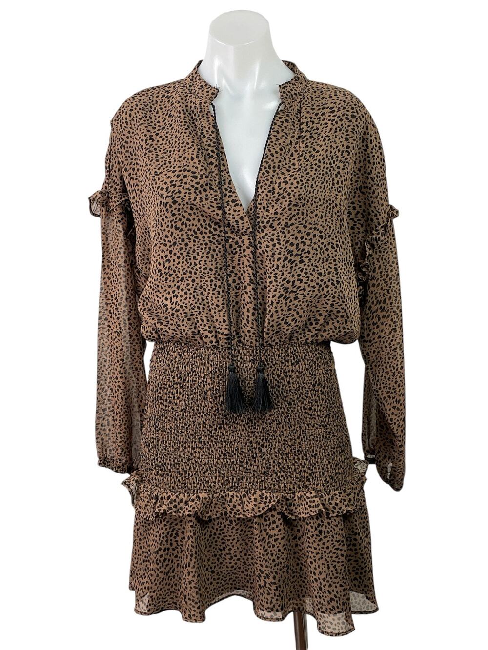 Aqua Brown Leopard Cheetah Tassel Ruffle Long Sleeve Tiered Blouson Mini Dress S